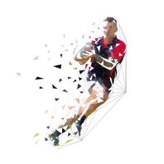 Rugby player running with ball, isolated low polygonal vector illustration