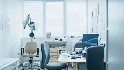 Bright and Modern Medical Doctor's Office, Complete with Personal Computer and ENT, Ophthalmology Equipment.