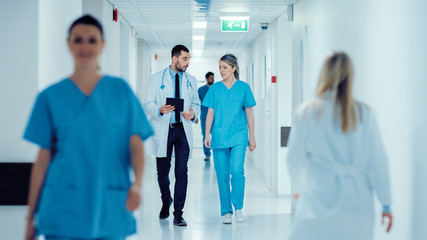 Surgeon and Female Doctor Walk Through Hospital Hallway, They Consult Digital Tablet Computer while...
