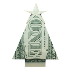 Money Origami CHRISTMAS TREE Folded with Real One Dollar Bill Isolated on White Background
