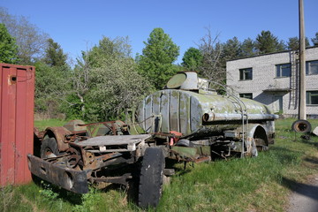 An old military soviet truck wreck in the Chernobyl zone, Ukraine