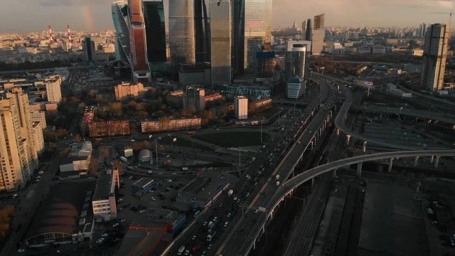 Aerial view traffic in busy Moscow. Skyscrapers of business center City
