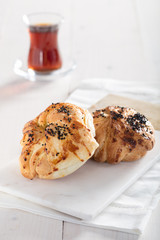 fresh pastry on white background with turkish tea