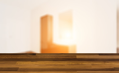 blank wooden table. Flooring. Mosaic Walls. Freestanding bath with towels in grey modern bathroom. 3D rendering.. Sunset