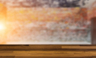blank wooden table. Flooring. Brick wall Blank room.  Mockup.. Modern meeting room. 3D rendering.. Sunset