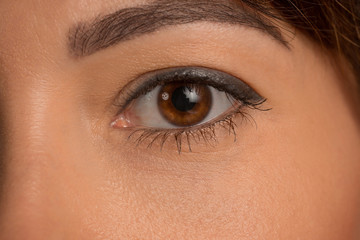 The close up Brown eyes on face of young beautiful caucasian girl