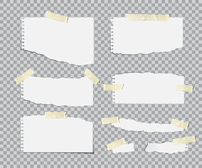 Blanc torn paper sheets with adhesive tapes set. Vector realistic design elements.