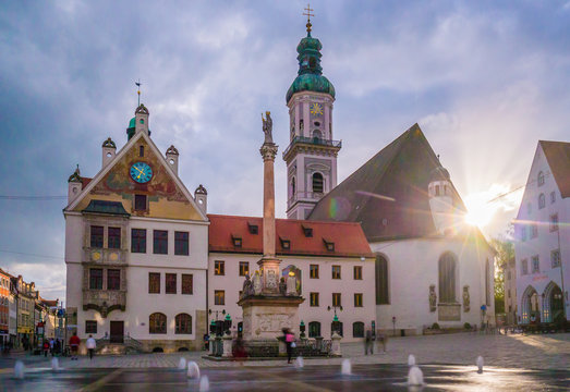 FREISING, GERMANY: The Mary's Column at the town square with town hall and Saint Georges Church in Freising, Germany.