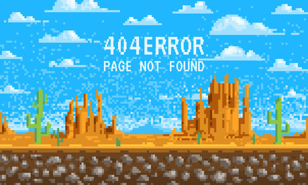 404 error page. not found. Landscape background, pixel art, 8-bit game digital vintage style for web site. clouds over the mountains. internet connection problem concept.