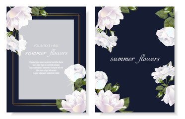 Template for greeting cards, wedding decorations, invitation, sales. Vector banner with roses flowers. Spring or summer design. Space for text.