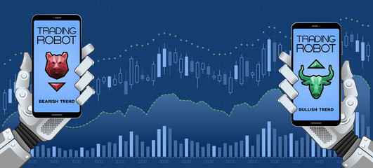Trading Robots Of Automated Trading System. Illustration on the subject of 'Financial Technologies / Stock Exchange / Foreign Exchange'.