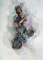 Man doing a stunt on his BMX bicycle in watercolors.