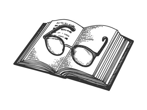 Glasses on book engraving vector illustration. Scratch board style imitation. Black and white hand drawn image.