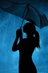 silhouette of the figure of a young girl with an umbrella in the rain, a young woman is happy to drops of water