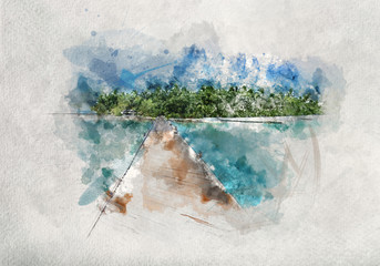 Watercolor painting of wooden jetty in Maldives