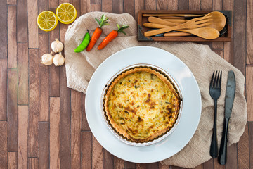 Leek quiche pie and smoked salmon