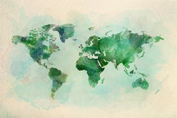 Tuinposter Watercolor vintage world map in green colors © Photocreo Bednarek