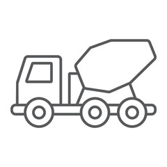 Concrete mixer truck thin line icon, transport and build, construction vehicle sign, vector graphics, a linear pattern on a white background.