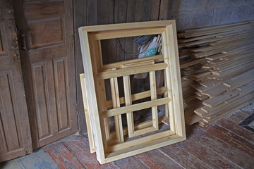 Wooden frames for Windows in the carpentry workshop