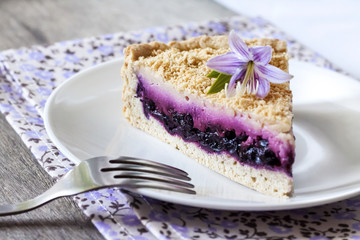 Piece of blueberry cake on a plate