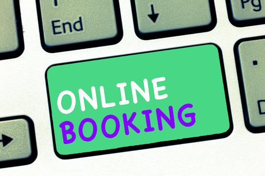 Writing note showing Online Booking. Business photo showcasing Reservation through internet Hotel accommodation Plane ticket.