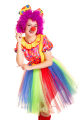 Happy young clown girl on white background