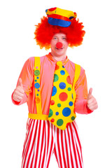 Happy young clown boy on white background