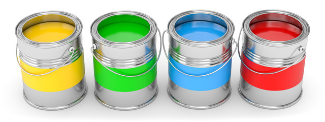 3D Illustration Farbeimer Grundfarben als Freisteller