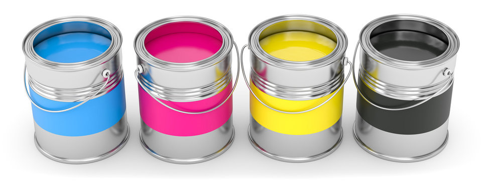 3D Illustration Farbeimer cmyk als Freisteller