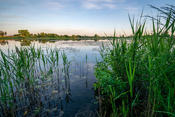 countryside scene by the lake at sunset with trees over the pond and house on the shore
