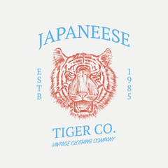 Japanese Tiger logo. Asian cat. Grunge label print. Angry roar of a predator. Badge or emblem Engraved hand drawn old monochrome Vintage face sketch t-shirt. wild animal. Vector illustration.