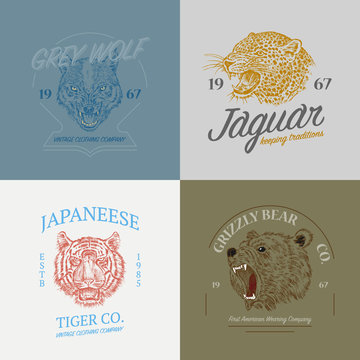 Set of wild animals logos. Grunge label print. Japanese Tiger and leopard, Asian cat, wolf and Grizzly Bear. Angry roar. Badge or emblem Engraved hand drawn old monochrome Vintage face sketch t-shirt.