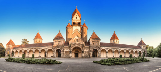 Architecture of famous chapel and crematory complex in South Cemetery in Leipzig, Germany