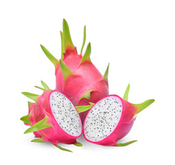 whole and half of dragon fruit isolated on white background