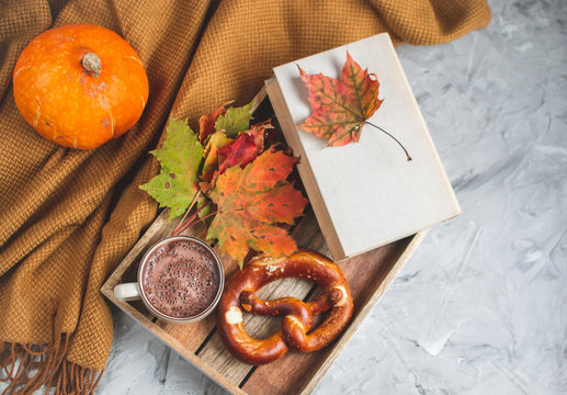 Tea Cup Hot Chocolate Coffee Autumn Time Bakery Pretzel Toned Photo Knitting Scarf Blanket Yellow Leaves Gray Background