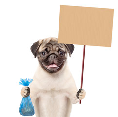 puppy holds plastic bag and placard. Concept cleaning up dog droppings. isolated on white background