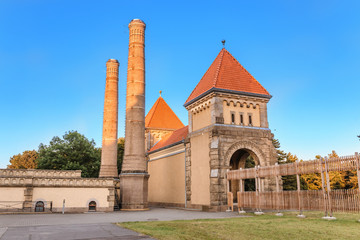 Architecture of famous chapel and crematory complex in South Cemetery in Leipzig, Germany