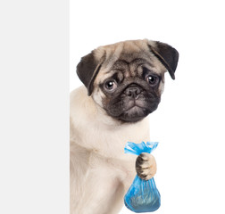 Puppy holds plastic bag behind white banner. Concept cleaning up dog droppings. isolated on white...