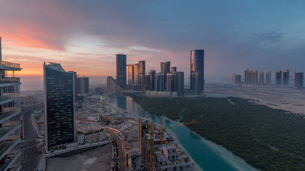 Buildings on Al Reem island in Abu Dhabi timelapse from above.