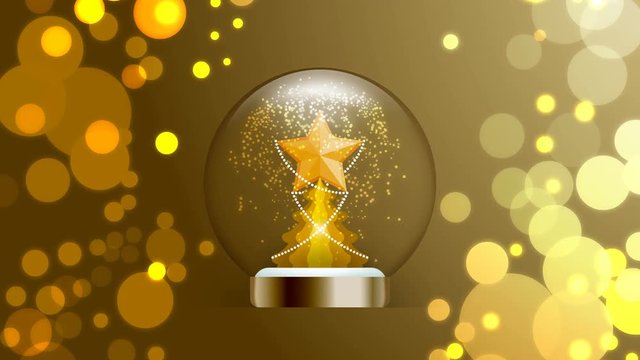 Souvenir Snowball Glass glitter inside have Golden Star with pattern and Christmas tree with bokeh light illustration on gold gradient background animation 4K with copy space