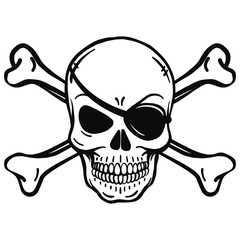 Bad horror skull with eye patch and crossbones. Black and white on pirate flag. Vector black logo template ll vector. Dark t-shirt design. Pirate Symbol