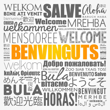 Benvinguts (Welcome in Catalan) word cloud in different languages, conceptual background