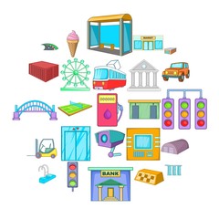 Urban entertainment icons set. Cartoon set of 25 urban entertainment vector icons for web isolated on white background