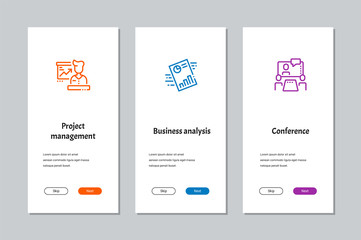Project management, Business analysis, Conference onboarding screens