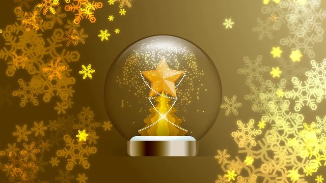 Souvenir Snowball Glass glitter inside have Golden Star with pattern and Christmas tree with snowflake bokeh light illustration on gold gradient background animation 4K with copy space