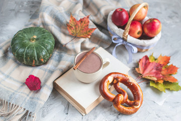 Tea Cup Hot Chocolate Coffee Autumn Time Bakery Pretzel Toned Photo Knitting Scarf Blanket Yellow Leaves Gray Background