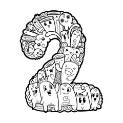Hand drawn doodled kids numbers. Cute monstred numbers, math symbols.