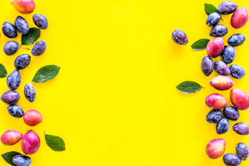Bright fruitty background. Purple and red plum and leaves pattern on yellow background top view copy space
