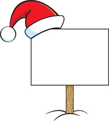 Cartoon illustration of a sign with a Santa hat on it.