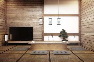 TV Japan - Smart TV on table in room Japanese style with lamp and bonsai tree. 3D rendering